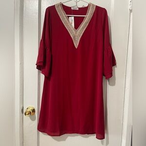 Hotouch Red Dress with Embroidered Neckline